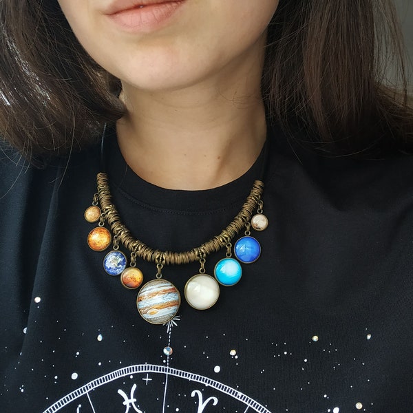 Colar Planeta, Colar Babador Sistema Solar, Joia Espacial Científica, Presente para Esposa, Dia das Mães
