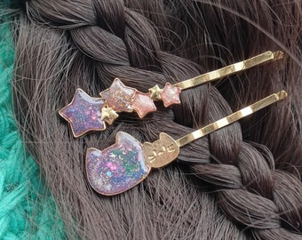 Stars and cat Hair Pin, Cat Hair clip, Cat Hair Barrette, Stars Hair Clip, Anime Accessory, Cat Hair Pin, Cat Accessory for hair