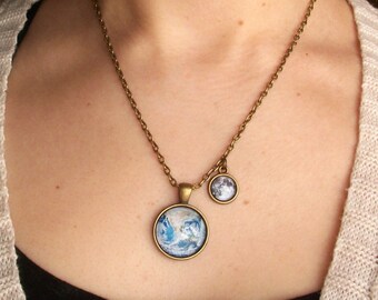 Earth and Moon necklace, Solar System jewelry, Planet Space Galaxy necklace, Earth & Moon jewelry, Secret Santa Gift Idea, Gift under 20