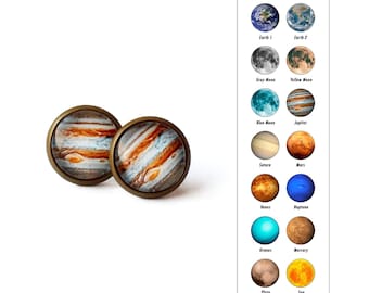 Planet Stud Earrings, Solar System Space Jewelry, Earth Moon Jupiter Saturn Mars Venus Uranus Neptune Mercury Pluto Sun