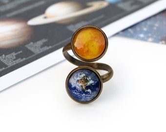 Sun and Earth Adjustable Double Ring, Solar System Jewelry, Science Gift for Sister
