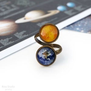 Sun and Earth Adjustable Double Ring, Solar System Jewelry, Science Gift for Sister