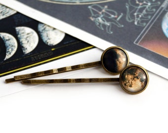 Moon Phase Hairpins 2 pcs, Yellow Luna Bobby Pins, Personalized Gift for girlfriend, Custom Birth Moon Accessory, Space jewelry hair clips