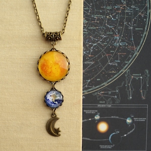 Sun Earth Moon and Star Necklace, Astronomy gifts for Her, Universe Necklace Solar System Necklace Space jewelry