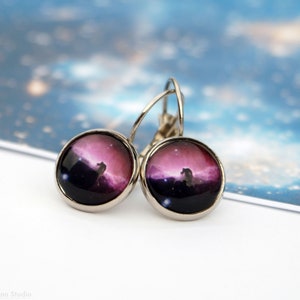 Horsehead Nebula Drop Earrings, Purple and Black Galaxy Universe Jewelry Constellation Orion Leverback Earrings Night Sky Gift Idea for Girl