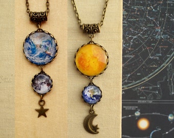 Sun Earth Moon and Star Necklace, Astronomy gifts for Her, Universe Necklace Solar System Necklace Space jewelry