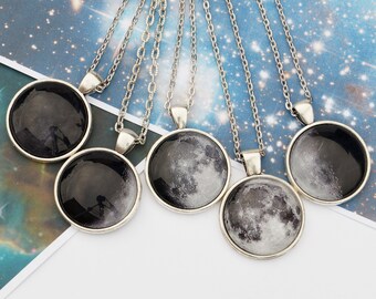 Custom Birth Moon Phase Necklace, Personalized Gift for girlfriend, Grey Moon Cycle Pendant, Space jewelry gift for her, La Luna Science Art