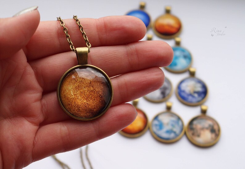 Solar System Necklace, Planets Jewelry, Cosmic Pendant Earth Moon Jupiter Saturn Mars Venus Uranus Neptune Mercury Pluto Sun Galaxy Her Gift image 3