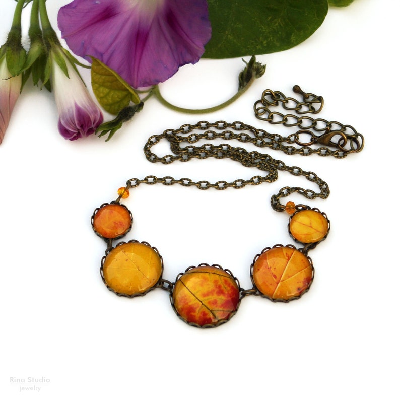 Yellow Autumn Leaves Necklace Fall Jewelry Orange Leaf Deciduous Forest Bronze Nature Necklace Thanksgiving Day Jewelry Gift for Wife image 1