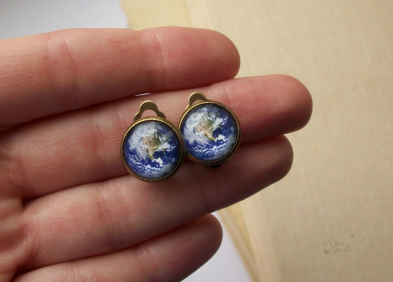 Earth Clip On Earrings, Space Jewelry, Planet Non Pierced Earrings image 3