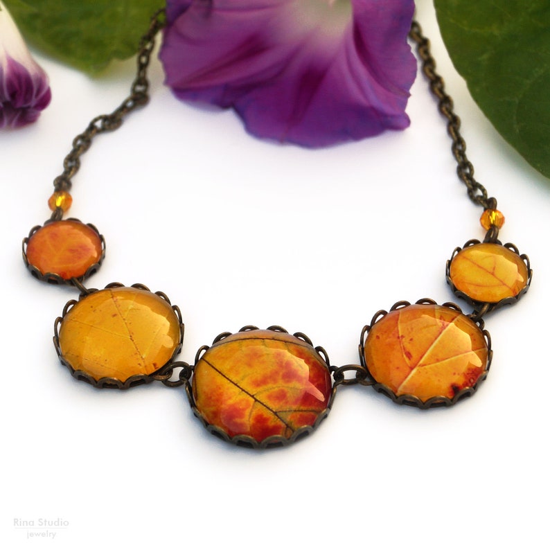Yellow Autumn Leaves Necklace Fall Jewelry Orange Leaf Deciduous Forest Bronze Nature Necklace Thanksgiving Day Jewelry Gift for Wife image 6
