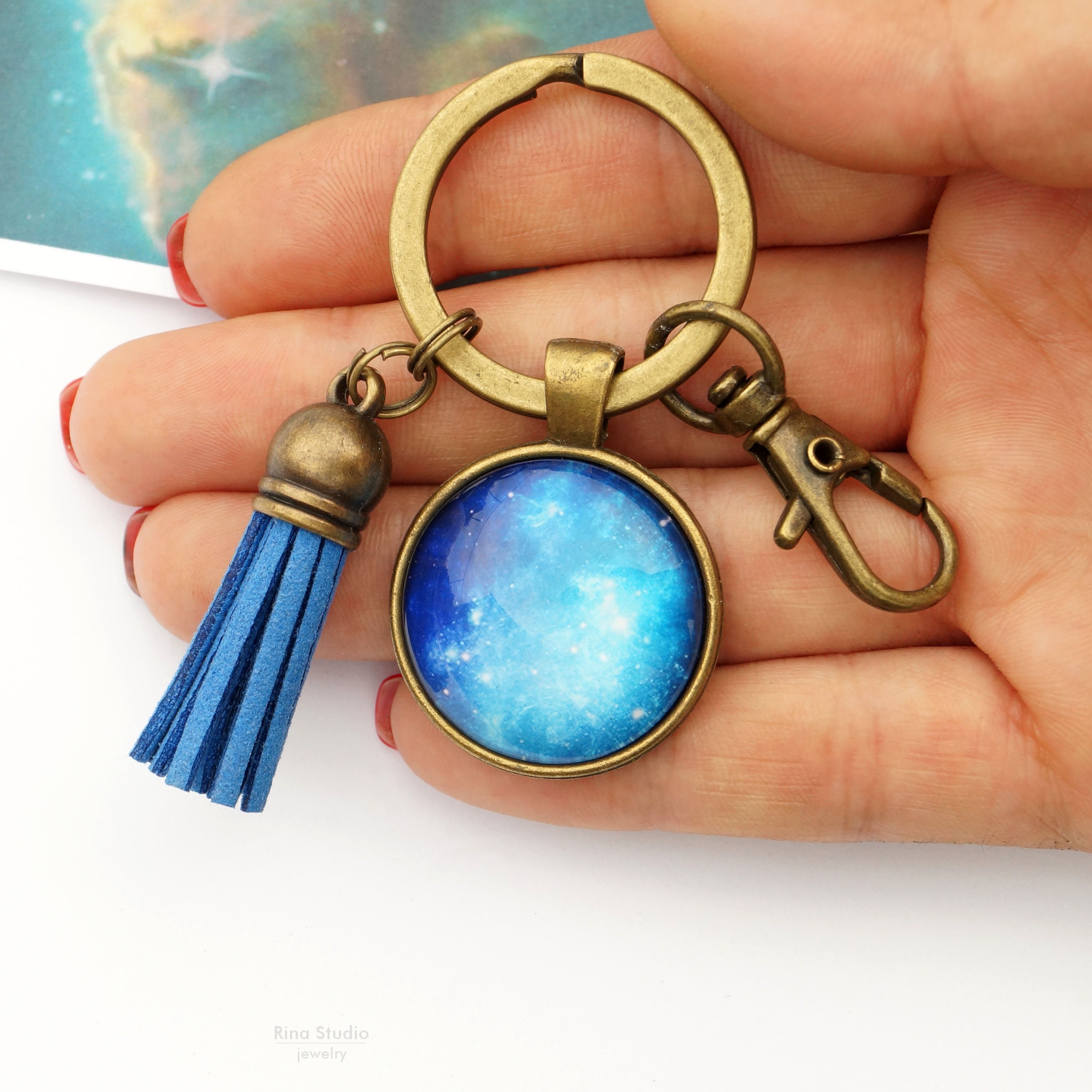 Galaxy Keychain with Tassel Blue Purple Black Charm Space Etsy