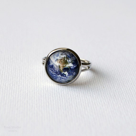 Earth Ring, Adjustable Blue Planet Ring, Galaxy Jewelry, Space 