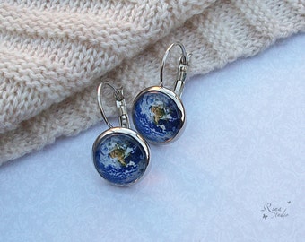 Earth earrings, Blue Planet earrings, World Space Galaxy jewelry Gift Under 15, Solar System Leverback earrings, Traveller gift jewelry