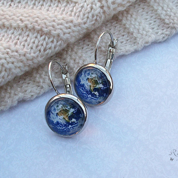 Earth earrings, Blue Planet earrings, World Space Galaxy jewelry Gift Under 15, Solar System Leverback earrings, Traveller gift jewelry