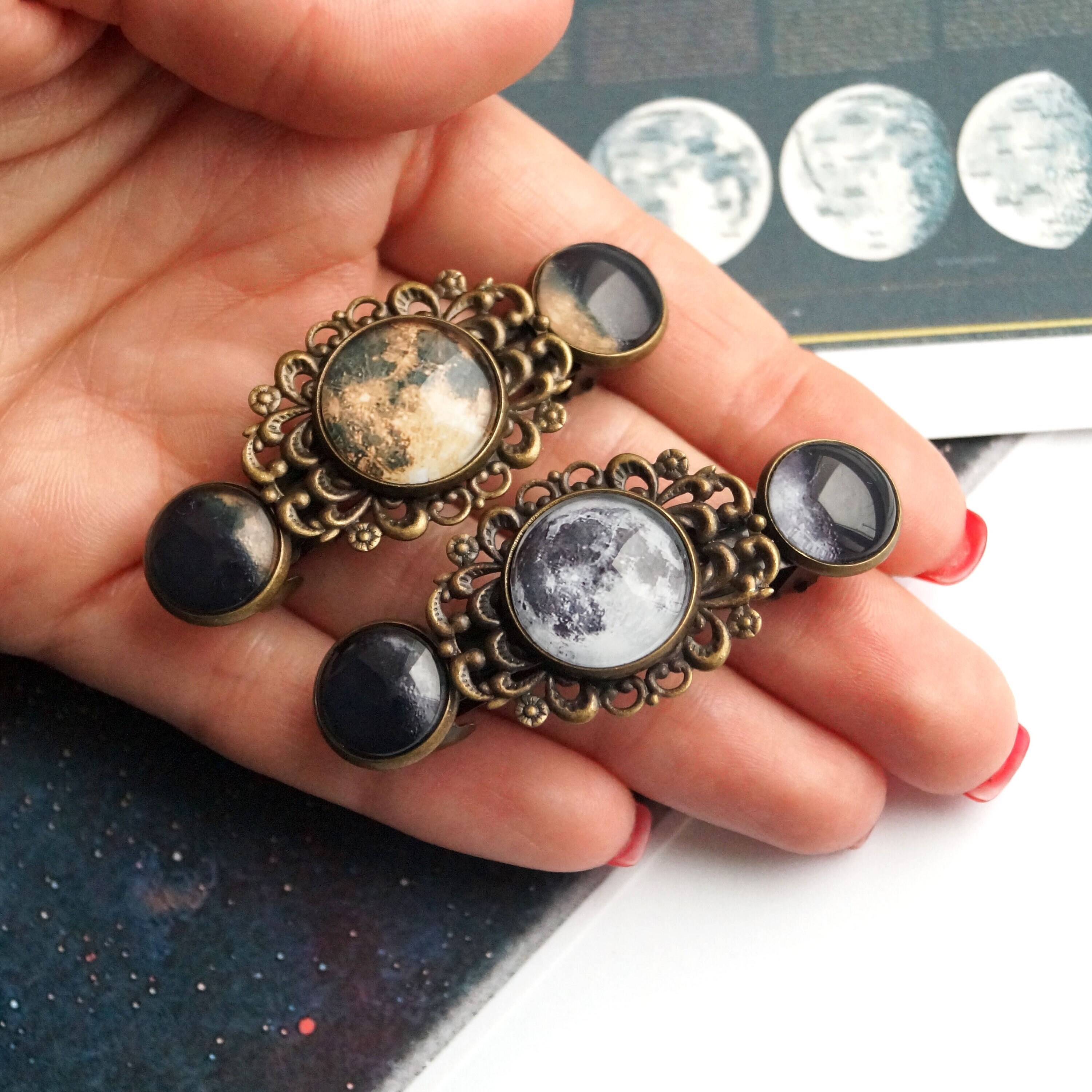 Moon Phases Barrette, Triple Moon Tiny Hairpin, Cosmic Hair Clip, Small ...