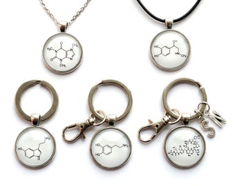 Molecule Necklace or Keychain Caffeine Adrenaline Serotonin Dopamine Oxytocin, Science-Inspired Jewelry, Chemistry Gift, Molecular Structure