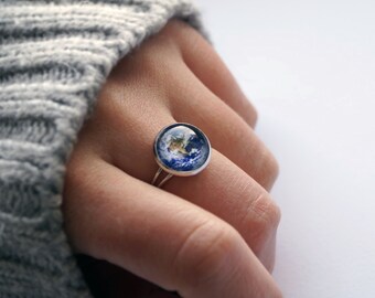 Earth Ring, Adjustable Blue Planet Ring, Galaxy Jewelry, Space Ring for Her, Solar System Girlfriend Birthday Gift, Universe Science Cosmos