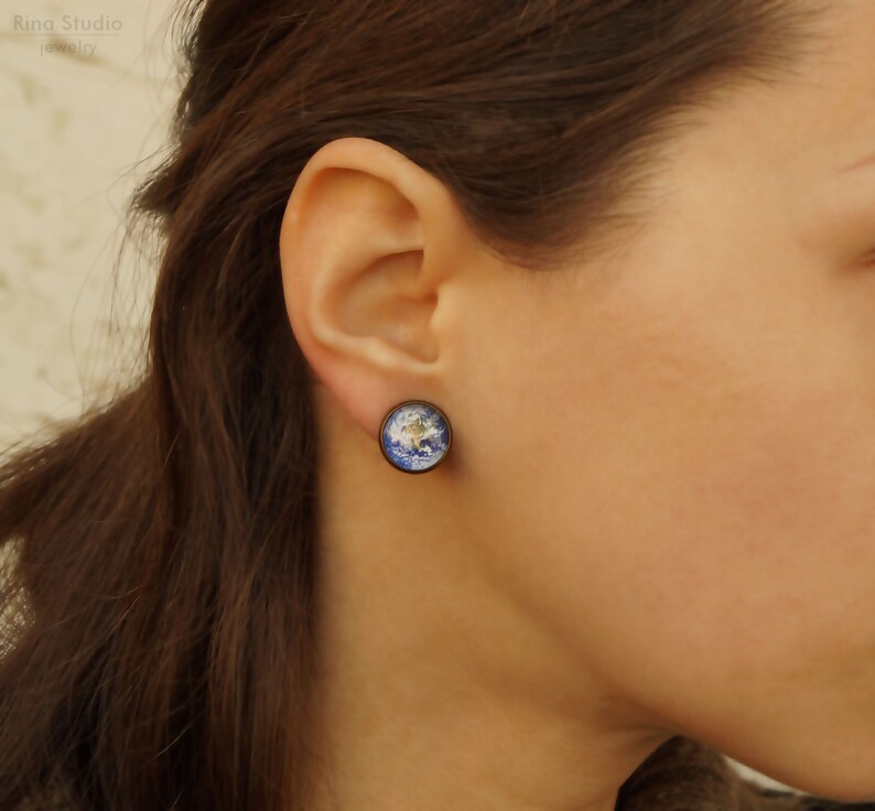 Earth Clip On Earrings, Space Jewelry, Planet Non Pierced Earrings image 2