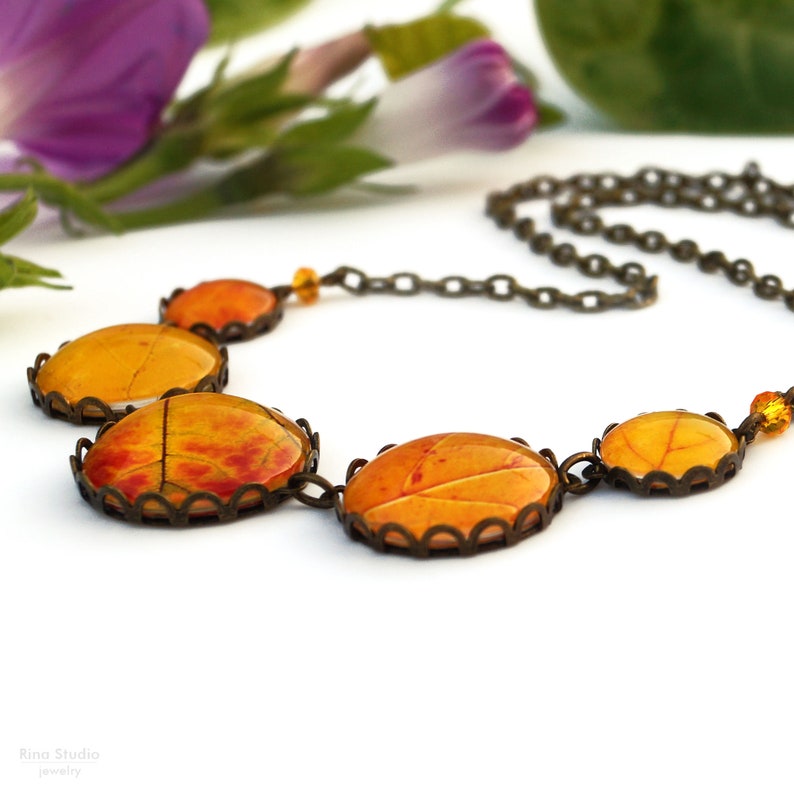 Yellow Autumn Leaves Necklace Fall Jewelry Orange Leaf Deciduous Forest Bronze Nature Necklace Thanksgiving Day Jewelry Gift for Wife image 8