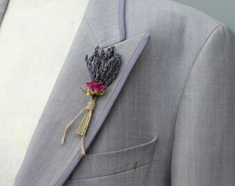 Set of 4 Dried Lavender & Cerise Dried Rose Wedding Buttonholes