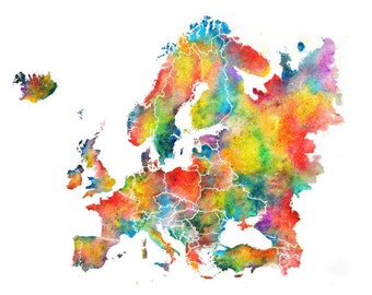 Europe Watercolor Map, Abstract Art, Wall Art, Home Decor,  Giclee Print