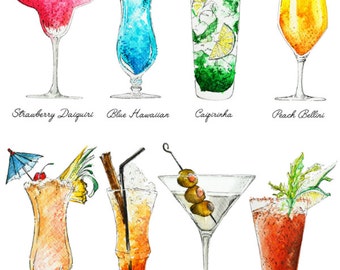 Cocktails Art Print, Summer Drinks with names, Colorful Artwork, Watercolor Print, Wall Art