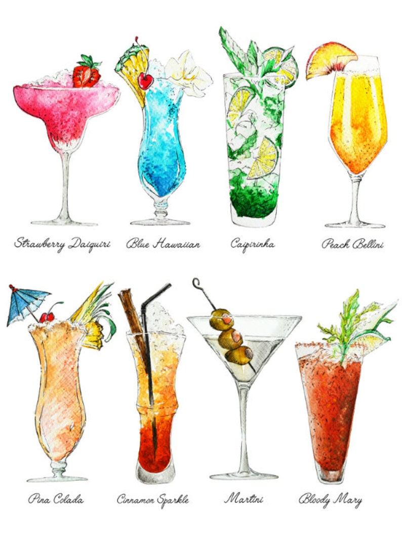 Cocktails Art Print Summer Drinks with names Colorful image 0