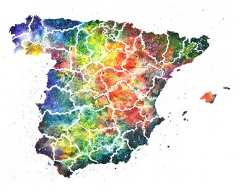 Spain Watercolor Map, Abstract Art, Wall Art, Home Decor,  Giclee Print