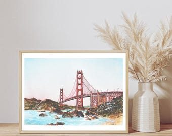 Puente Golden Gate, San Francisco, California, Pintura de acuarela, Arte mural, Decoración del hogar, Impresión giclée