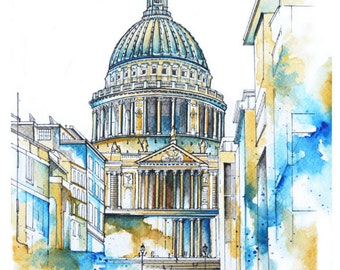 St. Paul's Cathedral, Watercolor Painting, Wall Art, Home Decor, London UK, Giclee Print