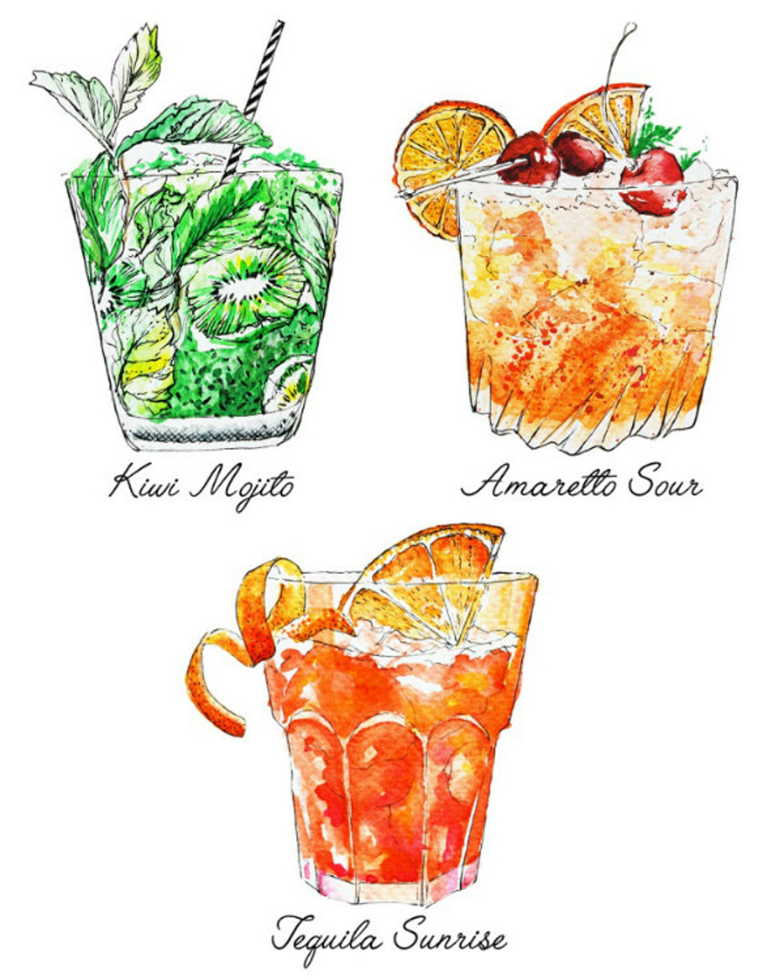 Cocktails Art Print, Summer Drinks, Colorful Artwork, Watercolor Print