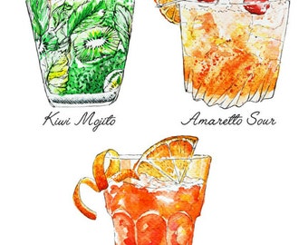 Cocktails Art Print, Summer Drinks, Colorful Artwork, Watercolor Print, Kiwi Mojito, Amaretto Sour, Tequila Sunrise, Collection, Wall Art