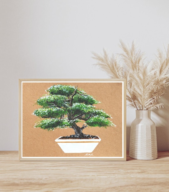 Delicate Bonsai Tree, Miniature Tree, Japanese Botanical Art, Mixed-media  Painting, Wall Art, Home Decor, Giclee Print