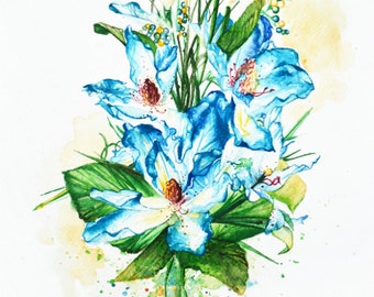 Blue Bouquet Watercolor Art Print, Floral Design, Flower Art, Wall Art, Home Decor, Giclee Print