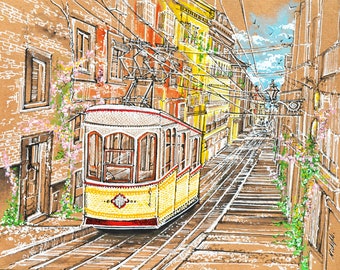 The Yellow Tram, Lisbon, Portugal, Mixed-media Painting, Wall Art, Home Decor, Giclee Print