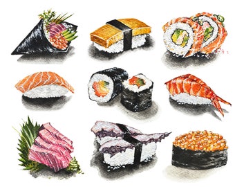 Sushi Print, Food Art, Japanese Cuisine, Japan, Colorful Artwork, Watercolor Print, Wall Art, Kitchen Art, Decor