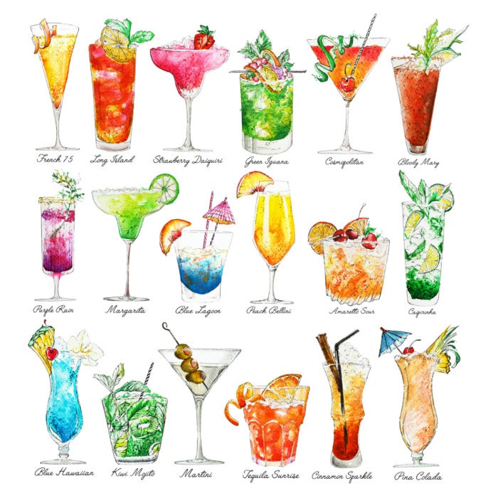 Cocktails Art Print Summer Drinks Colorful Artwork Etsy