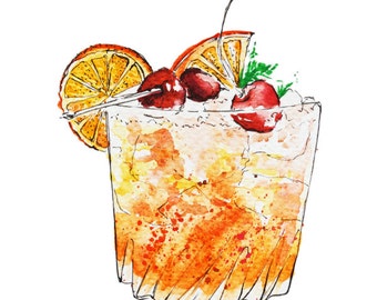 Cocktail Art Print, Watercolor Art, Summer Drink, Amaretto Sour, Wall art