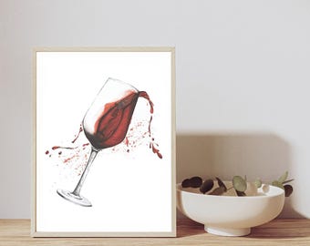 May include: A framed illustration of a wine glass with red wine spilling out. The glass is tilted to the side and the wine is splashing out of the glass.