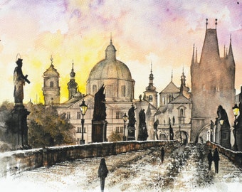 Sunrise at Charles Bridge, Prague Painting, Czech Republic, European City, Wall Art, Home Decor, Giclee Print