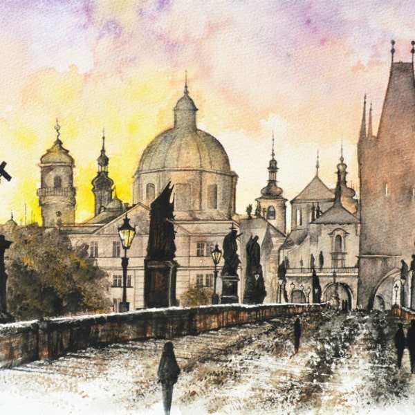 Lever de soleil au pont Charles, Prague Peinture, République tchèque, Ville européenne, Art mural, Décoration intérieure, Impression Giclée