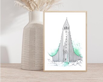 Hallgrimskirkja, Icelandic Painting, Reykjavik, Iceland, Street Art, Wall Art, Home Decor, Giclee Print