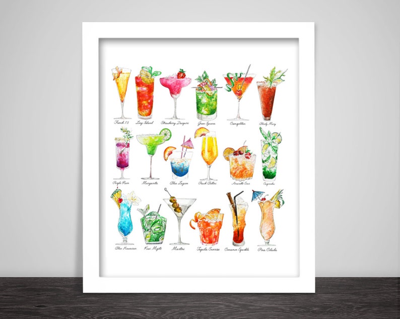 Cocktails Art Print, Summer Drinks, Colorful Artwork, Watercolor Print