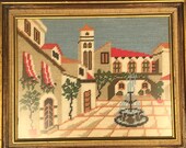 Vintage Framed Cross Stitch Needlepoint Italian Spanish Mexican Villa art piece wall hanging