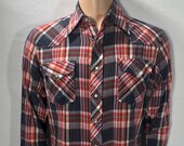 Vintage DISCO JEANS red blue gold western pearl button Mens long sleeve shirt S