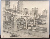 Vintage Pittsburgh Pennsylvania Smithfield Street Bridge line drawing painting on fabric by David A. Foshee Studios