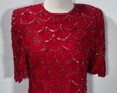 Vintage Creative Touch Red Silk Floral Sequin Short Sleeve 90s Party Womens Blouse Sz Medium M