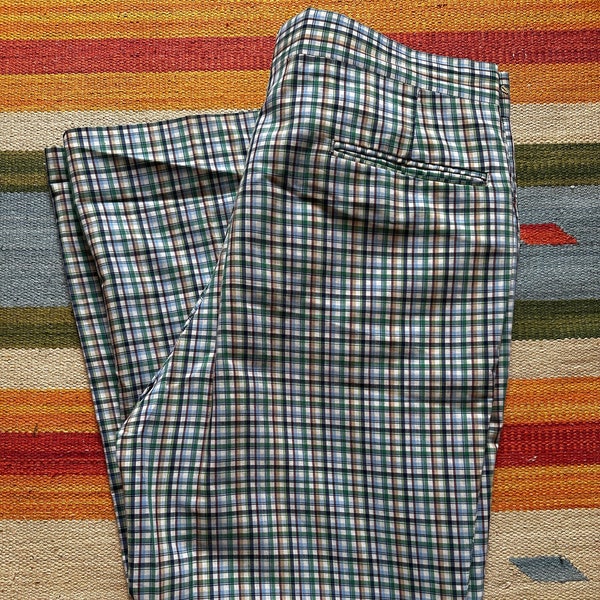 Vintage Slacks Golf Pants by SPORTHOMSON Light Cotton Green Blue Red Plaid Waist 36" Inseam 32"