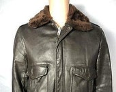 Vintage jc penney brown leather bomber winter jacket faux fur 40 70s mens coat m